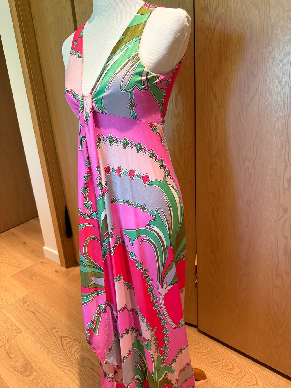 Vintage Saks Fifth Avenue 1970s Pink Green Halter Maxi Dress Sz 8 - Picture 5 of 13